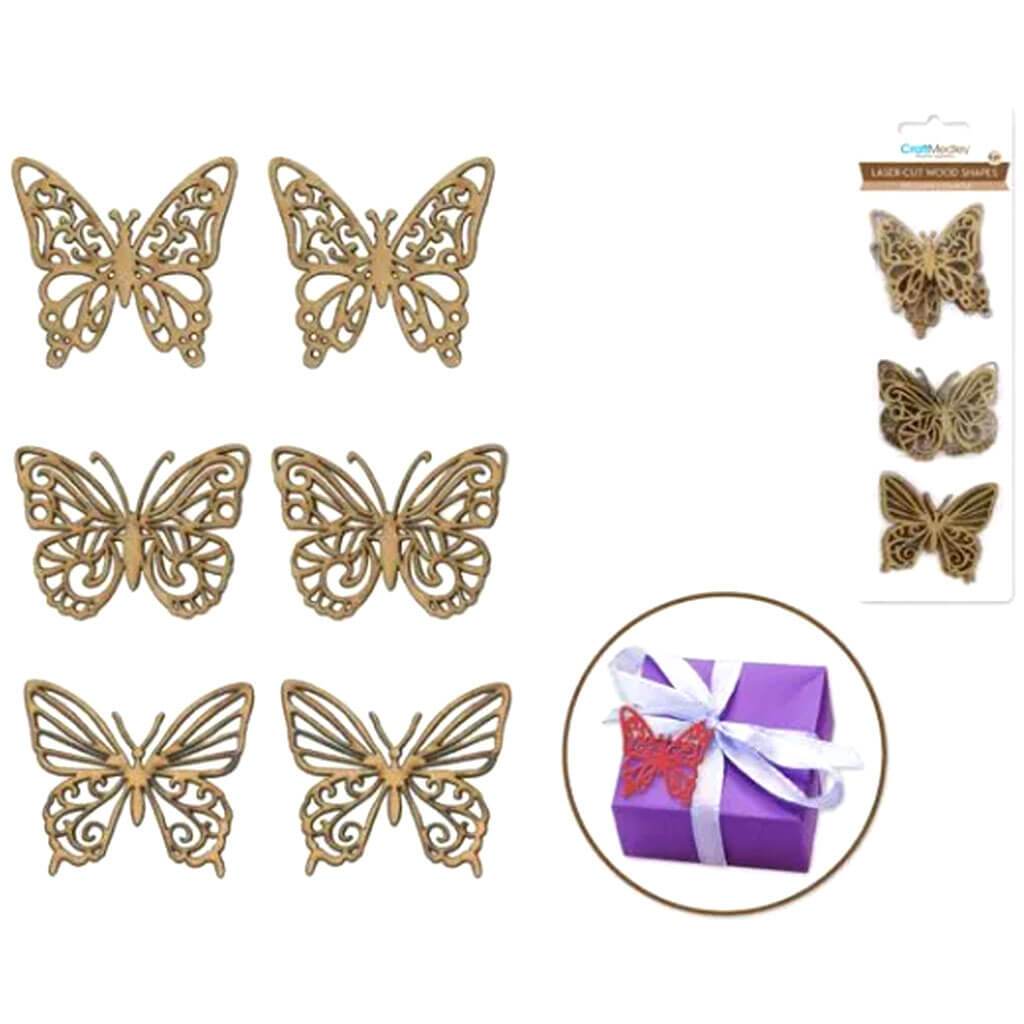 Laser-Cut Ornate Wood Shapes Butterfly - 6pc 2mm Thick 1.5in-2in