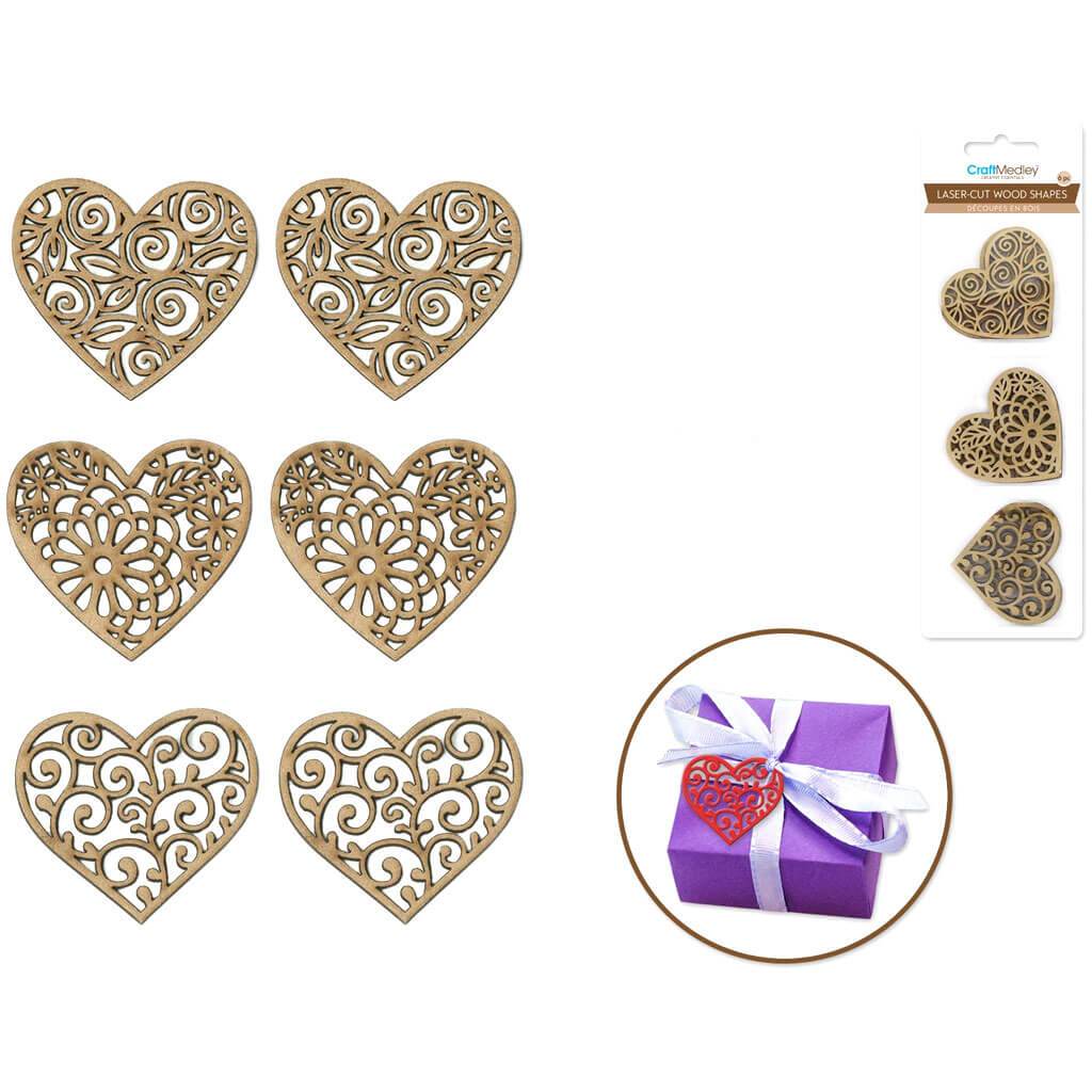 Laser-Cut Ornate Wood Shapes Heart - 6pc 2mm Thick 1.5in-2in