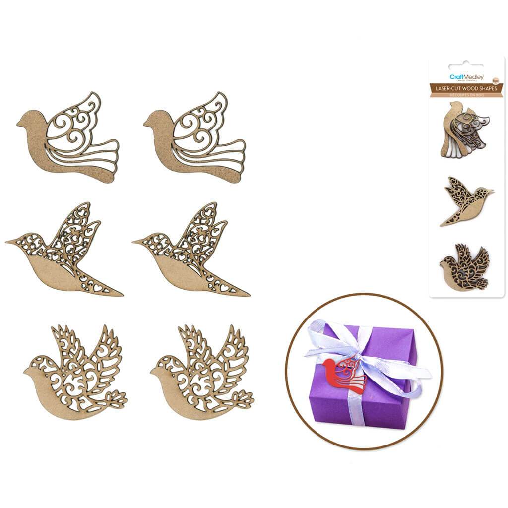 Laser-Cut Ornate Wood Shapes Birdie - 6pc 2mm Thick 1.5in-2in