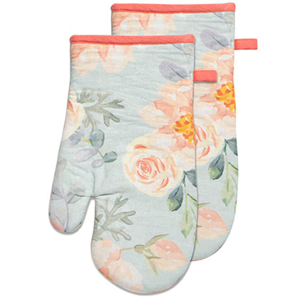 Peach Floral Oven Mittens Set of 2