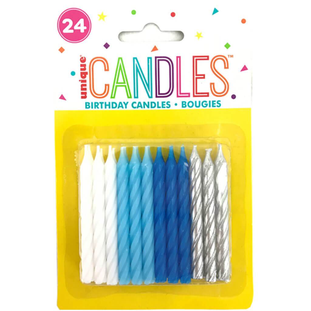 Blue, White &amp; Silver Spiral Birthday Candles 24ct