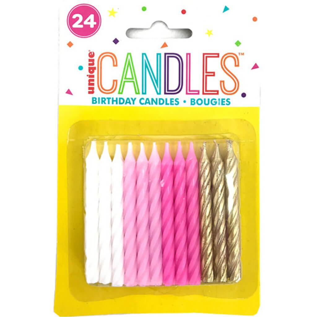 Pink, White &amp; Gold Spiral Birthday Candles 24ct