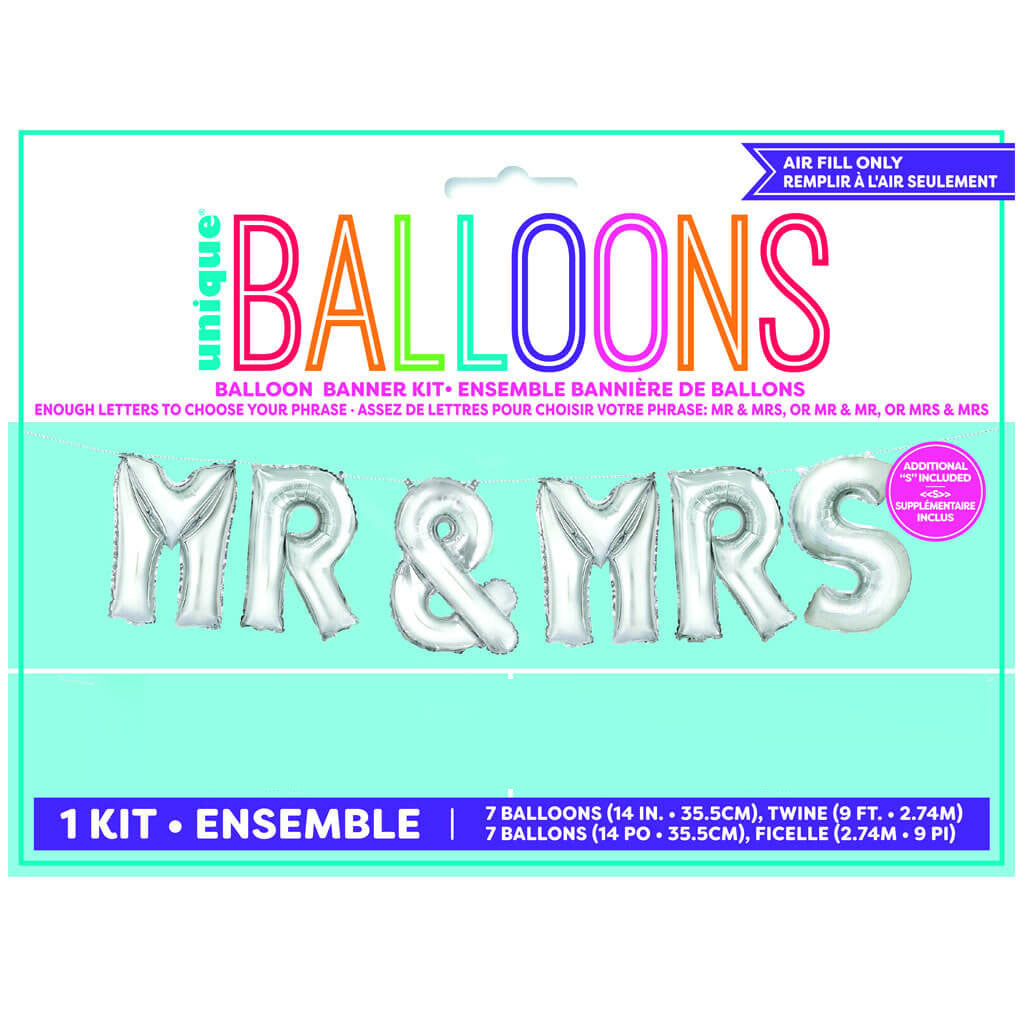 Mr &amp; Mrs Silver Foil Letter Balloon Kit 14in