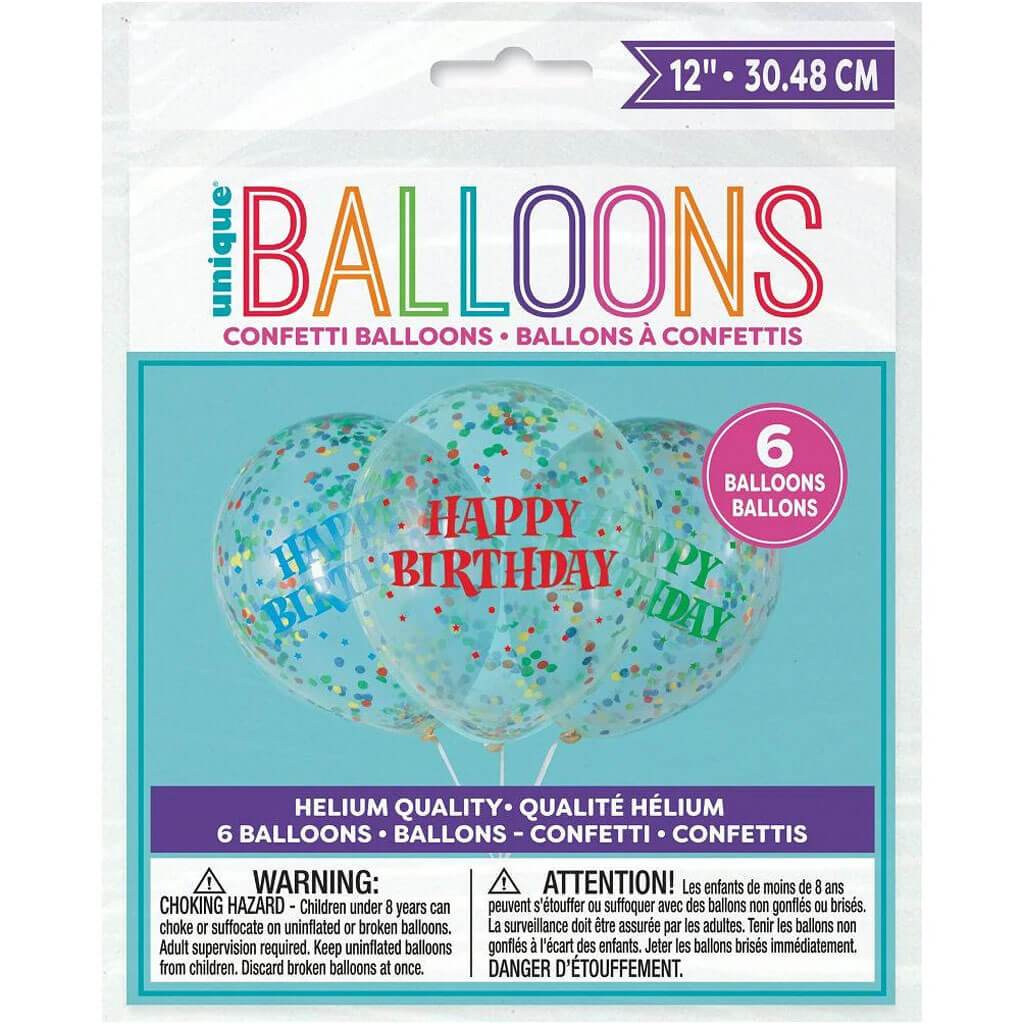 Clear Latex Balloons Birthday with Bright Confetti 12in 6ct