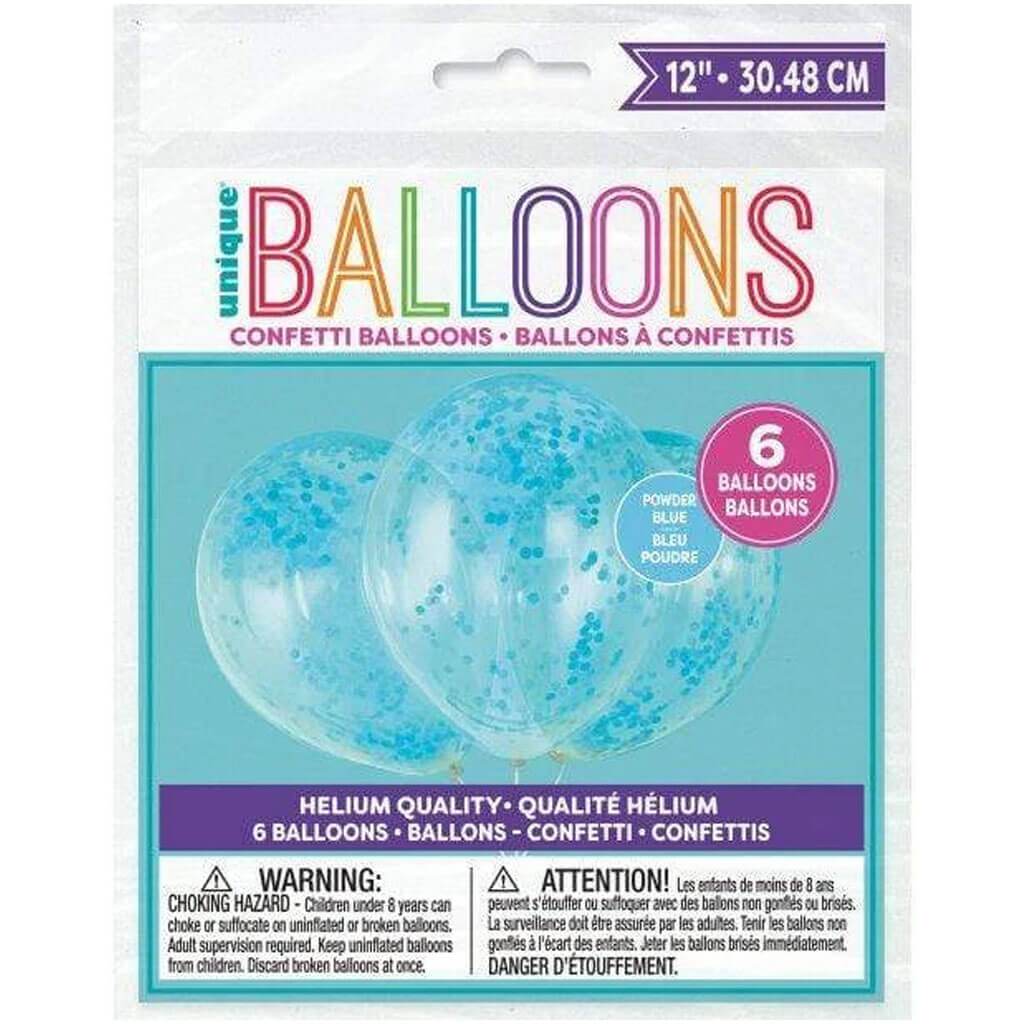 Clear Latex Prefilled Balloons with Powder Blue Confetti 12in 6ct