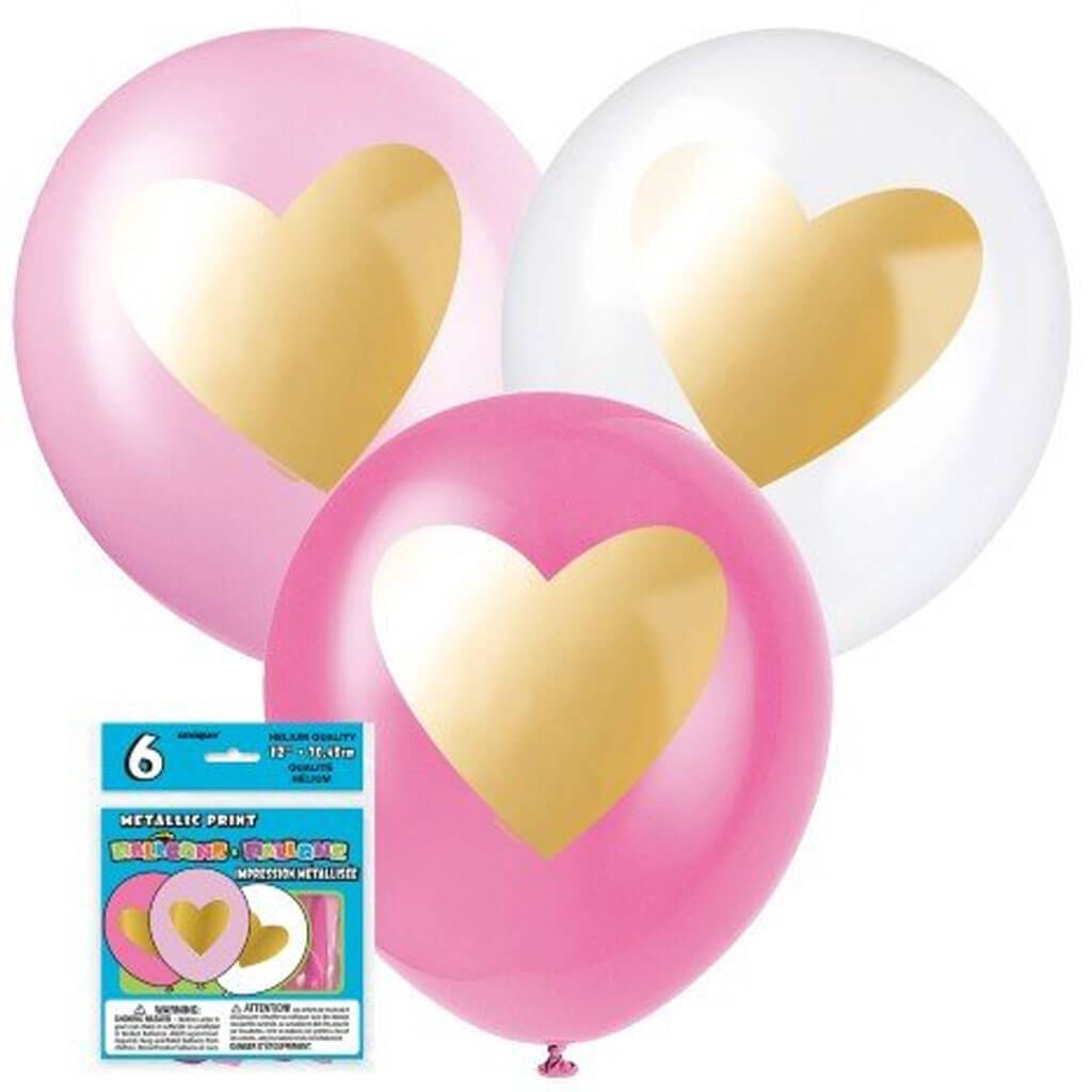 Latex Gold Heart Balloons Pink and White 12in 6ct