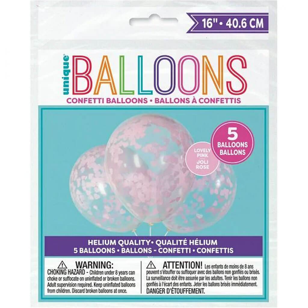 Clear Latex Balloons with Pink Heart Confetti 16in 5ct