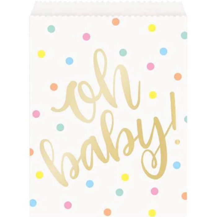"Oh Baby" Gold Baby Shower Paper Goodie Bags 8ct