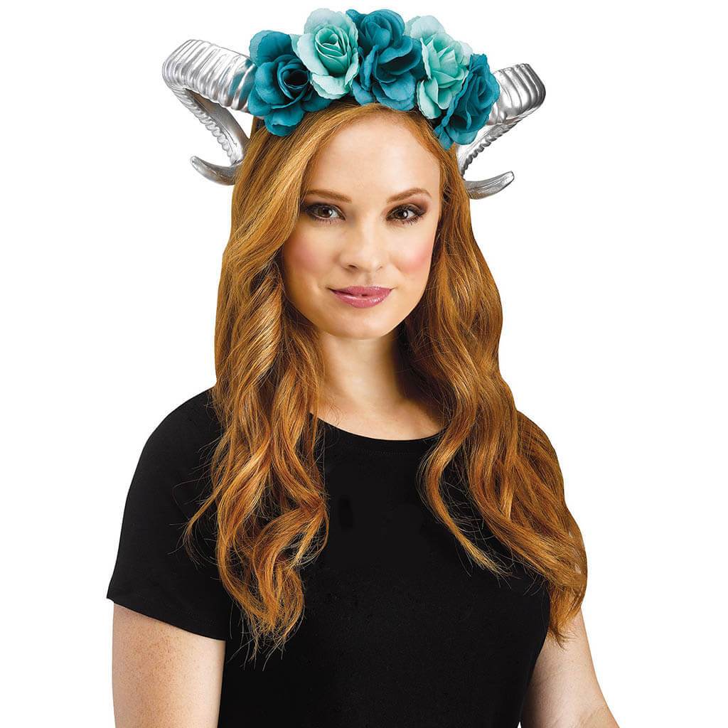 Silver Horns Teal Flowers Headpiece