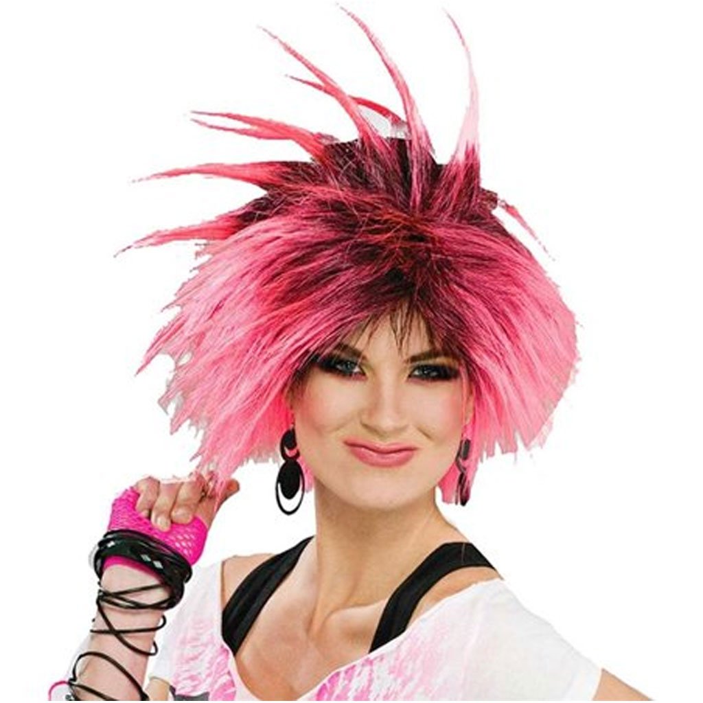 80&#39;s Bubble Gum Punk Pink and Black Wig