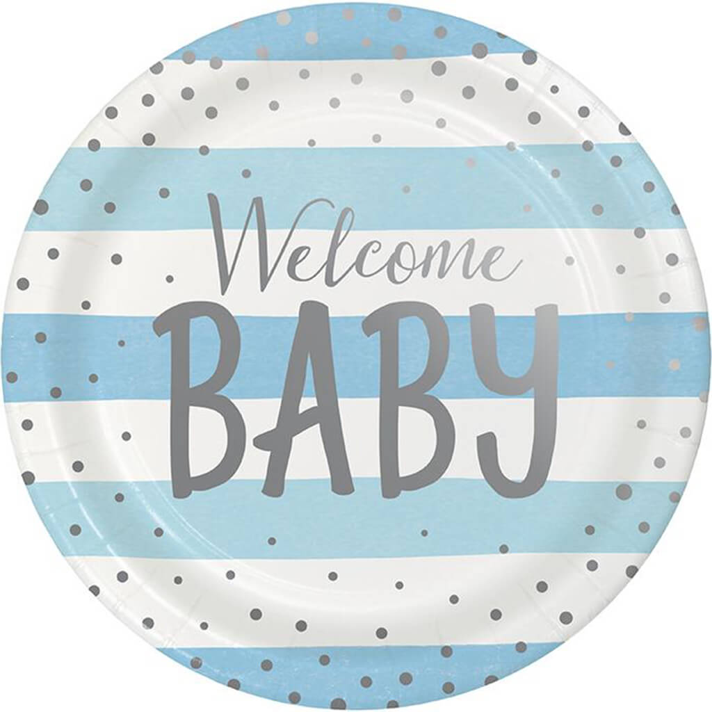 Blue and Silver Celebration Baby Shower Dinner Plates 8ct