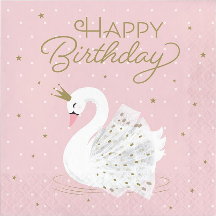 Stylish Swan Happy Birthday Luncheon Napkins 16ct 2ply