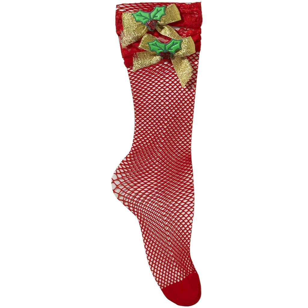 Red Fishnet Socks with Mistletoe