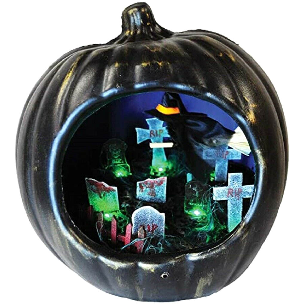 Pumpkin with Flying Witch Light Up Decoration, 9in