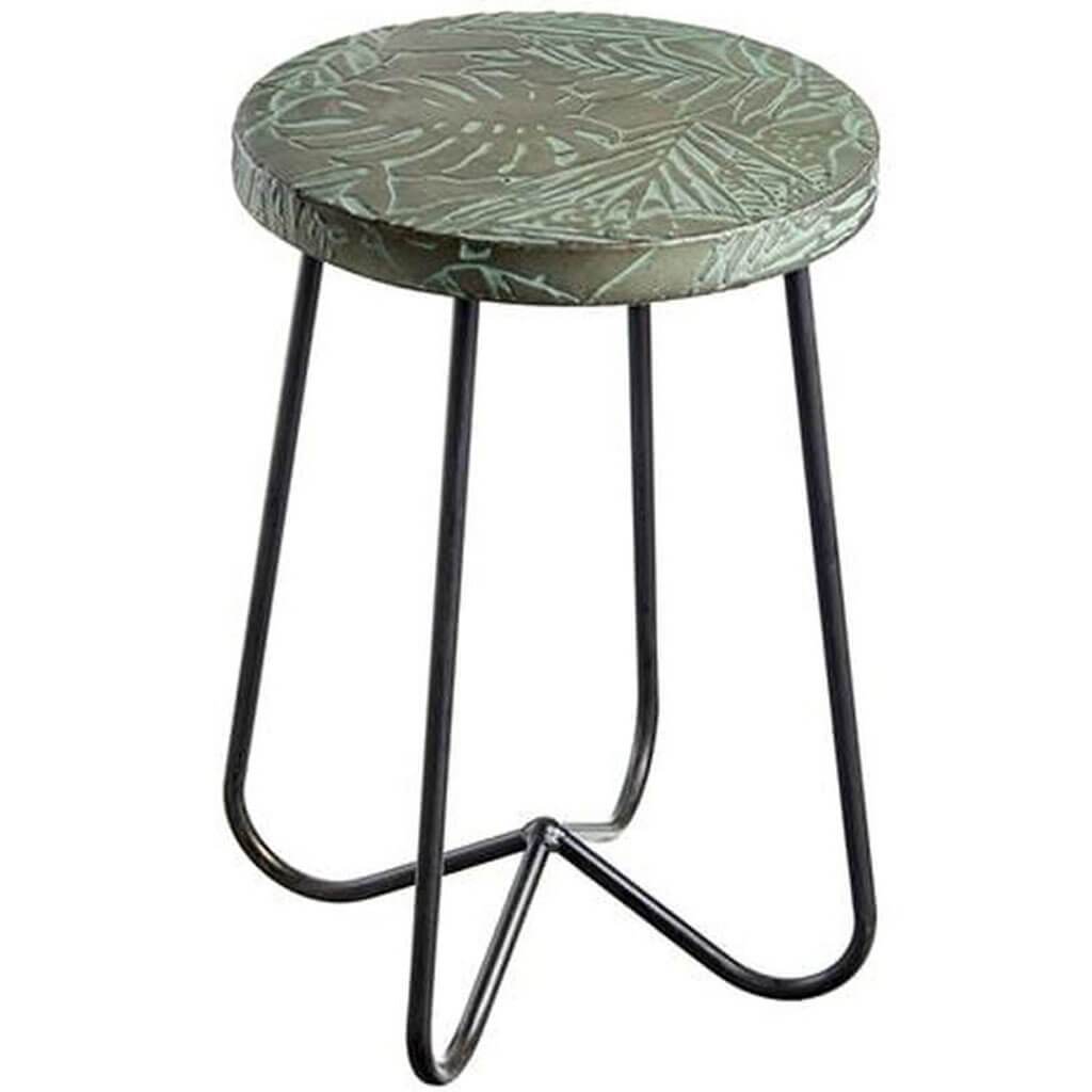 Tropical Leaf Metal Stool Gray Green, 19in H X 12.5in D