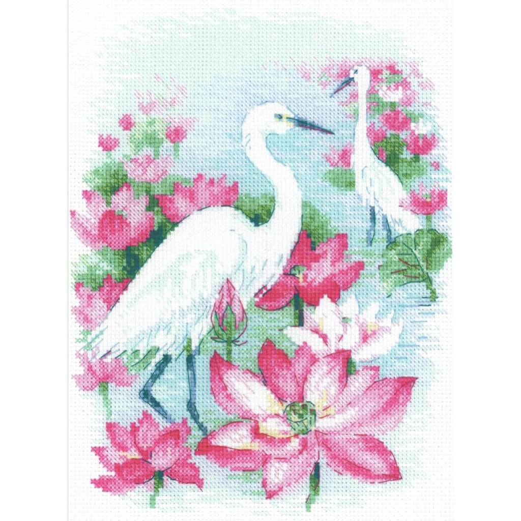 Cross Stitch Kit 7in x 9.5in Lotus Field/Herons