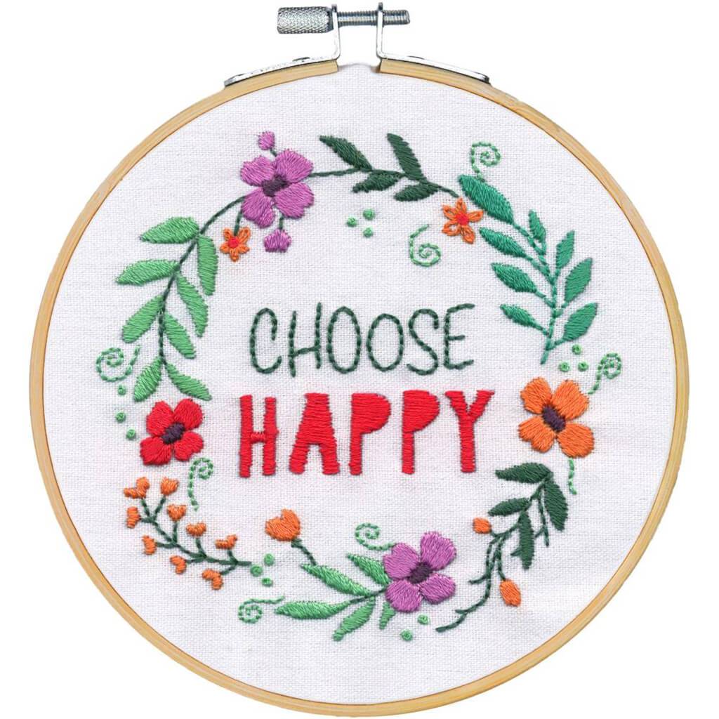 Embroidery Kit Round Choose Happy Stitched In Thread