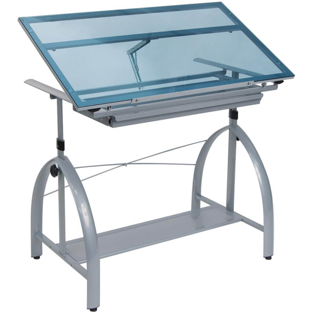 Studio Designs Avanta Silver Metal Drafting Table with Glass Top