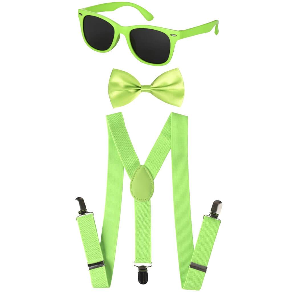 Kids Neon Suspender Bowtie Accessory Set Green