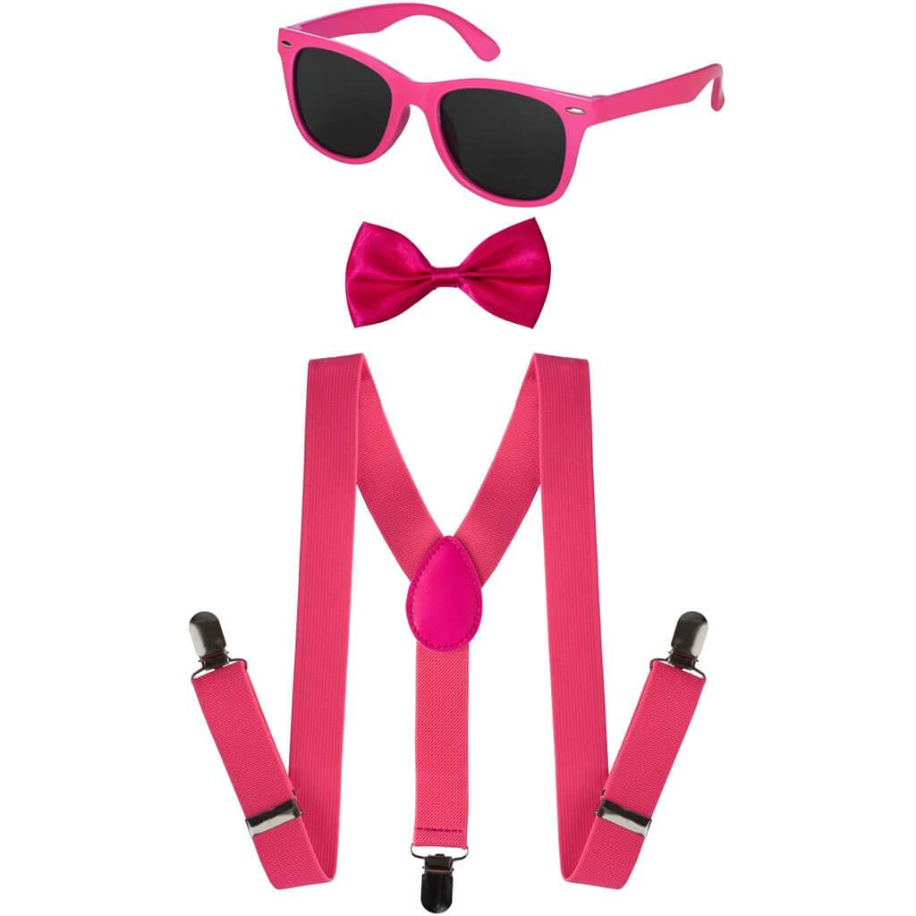 Kids Neon Suspender Bowtie Accessory Set Pink