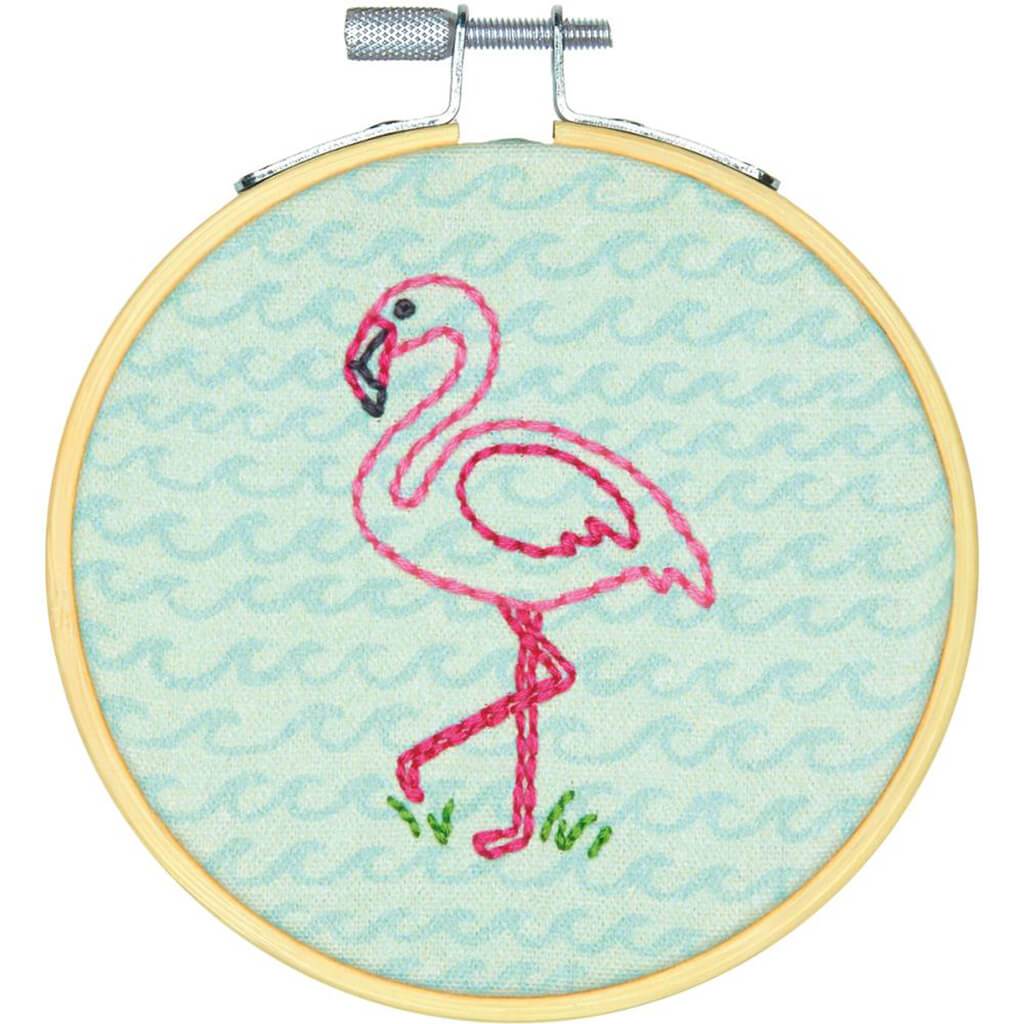 Embroidery Kit 4in Round Flamingo Fun-Stitched In Thread