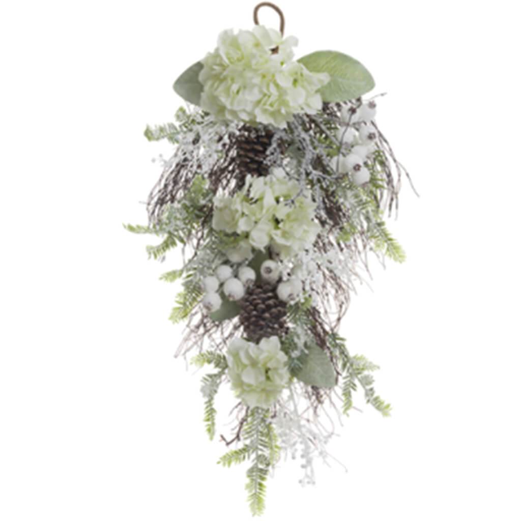 Glittered Hydrangea/Cone/ Pine Door Swag White Ice 28in