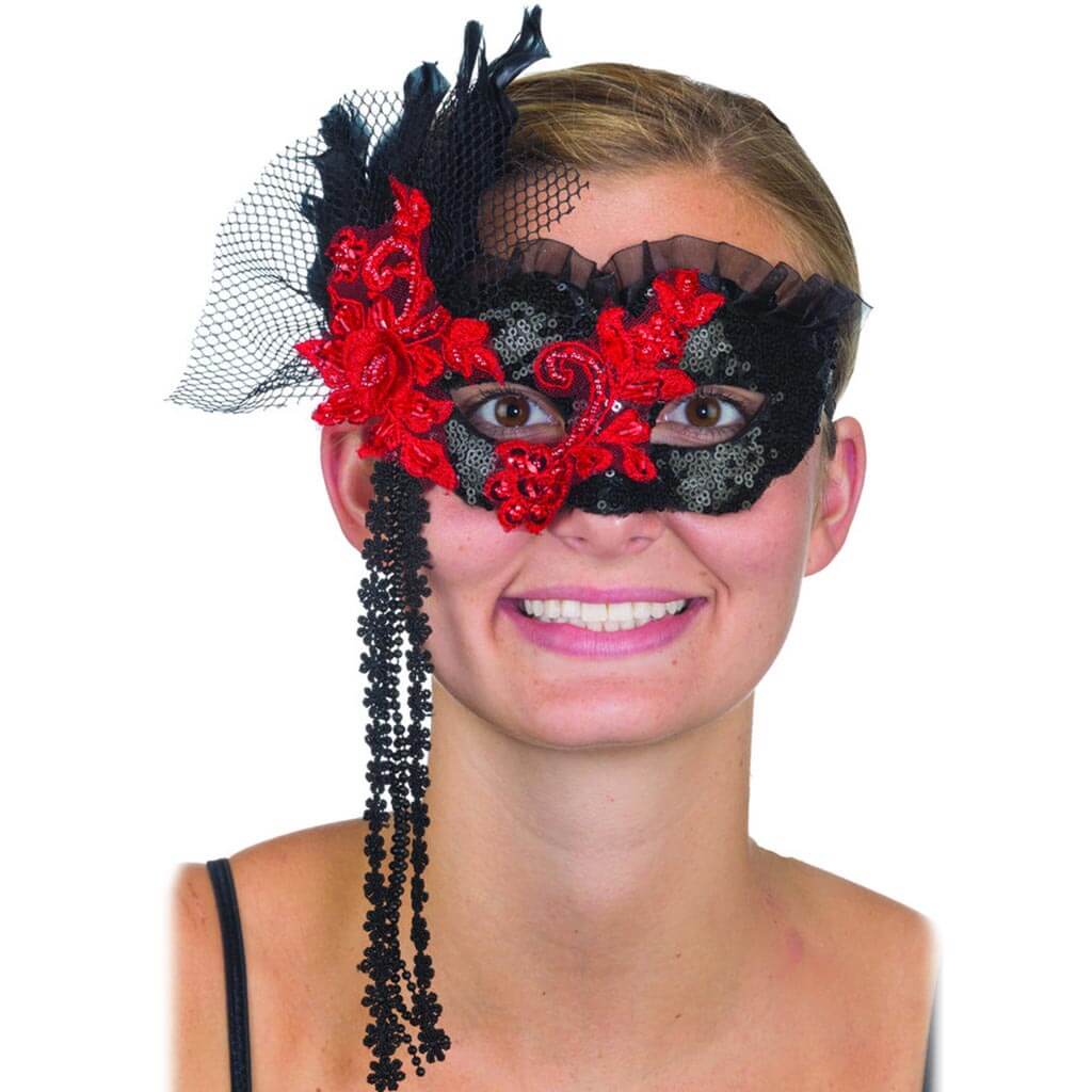 Black Red Feather Lace Masquerade