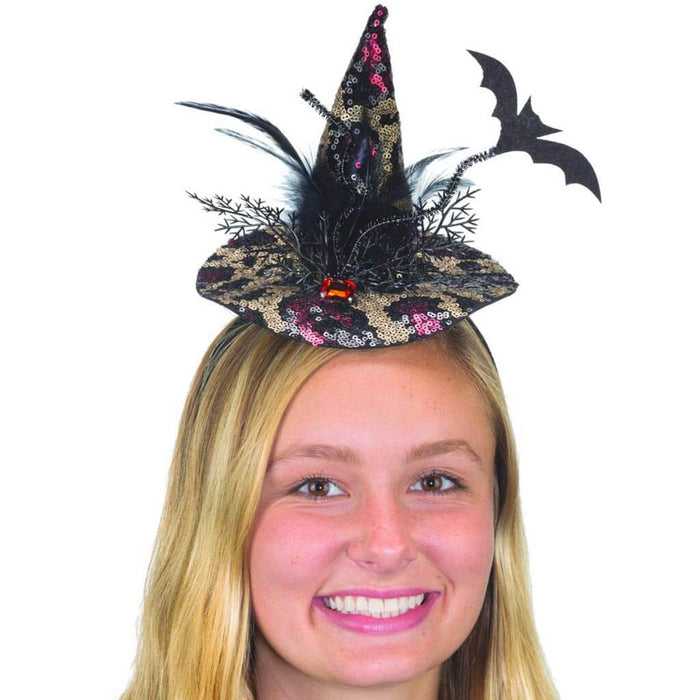 Witch Hat Headpiece with Sequins, Feathers & Bat
