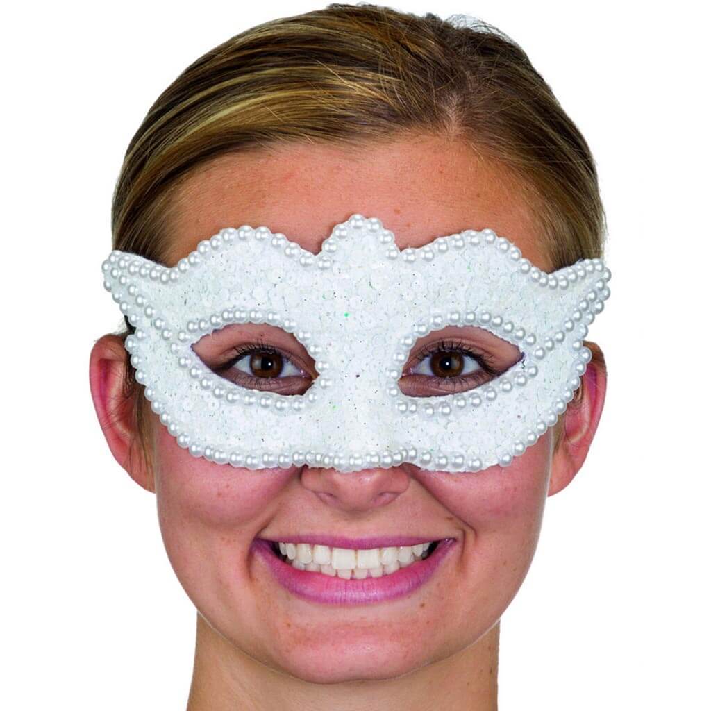 White Sequin &amp; Pearls Mask