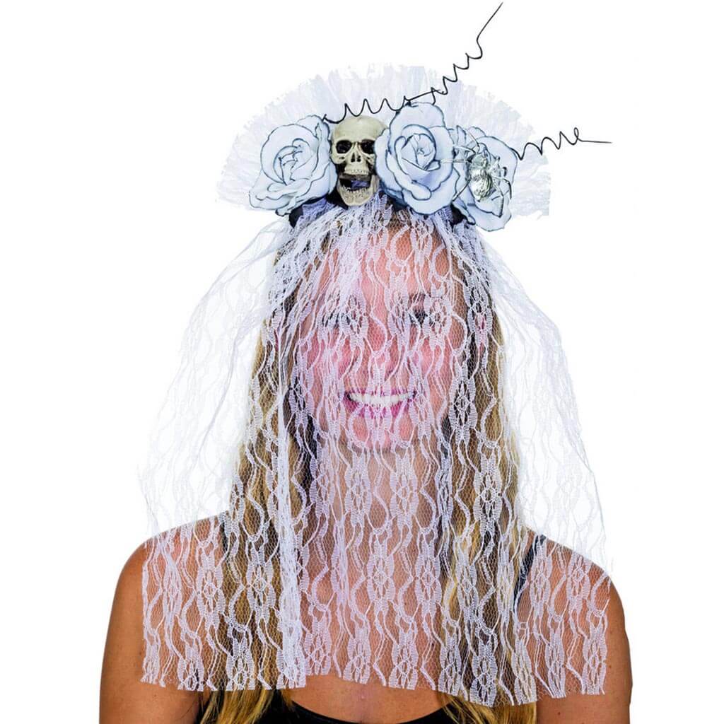 White Lace Headpiece with Skull &amp; Roses