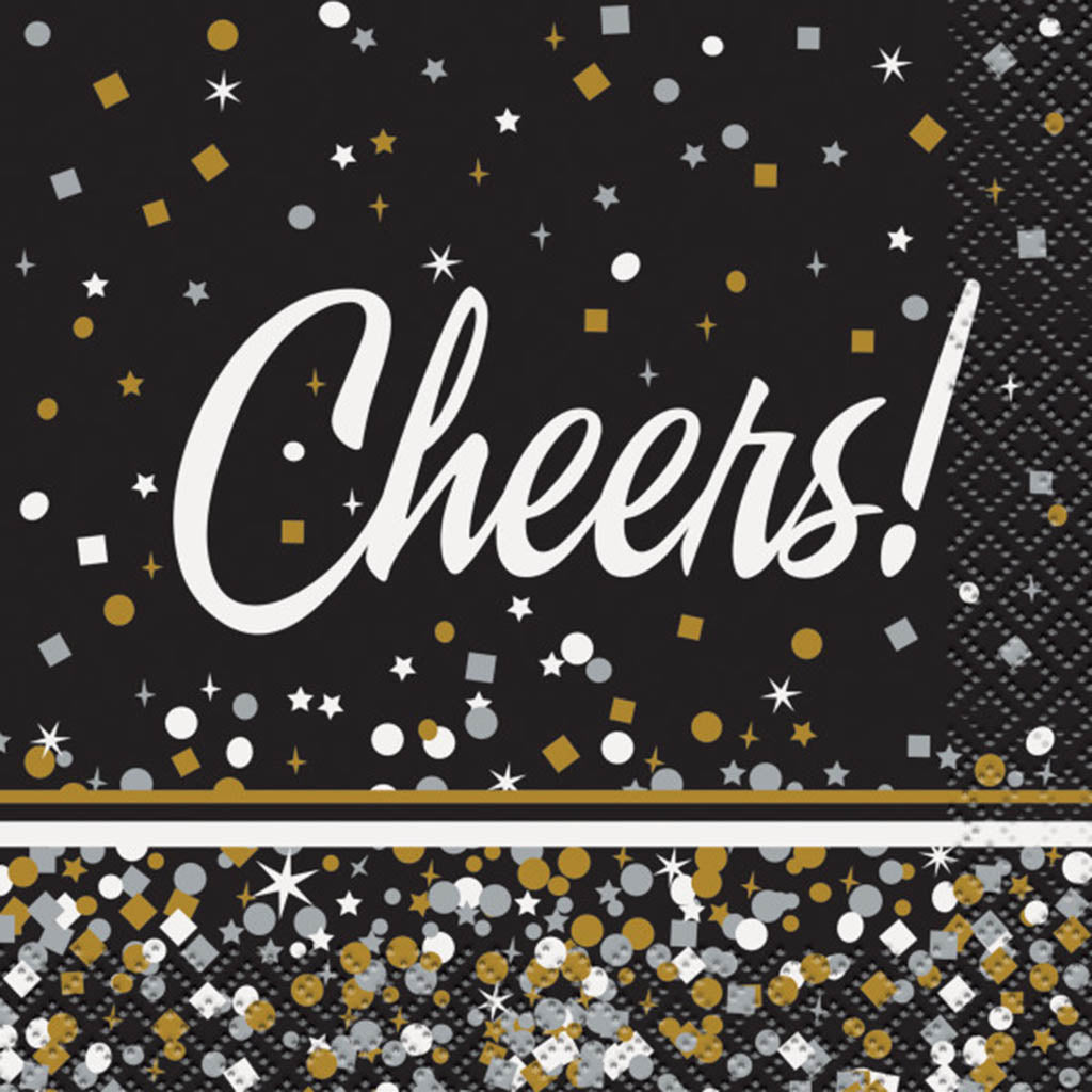 Black &amp; Gold Confetti Cheers New Year Beverage Napkins 16ct