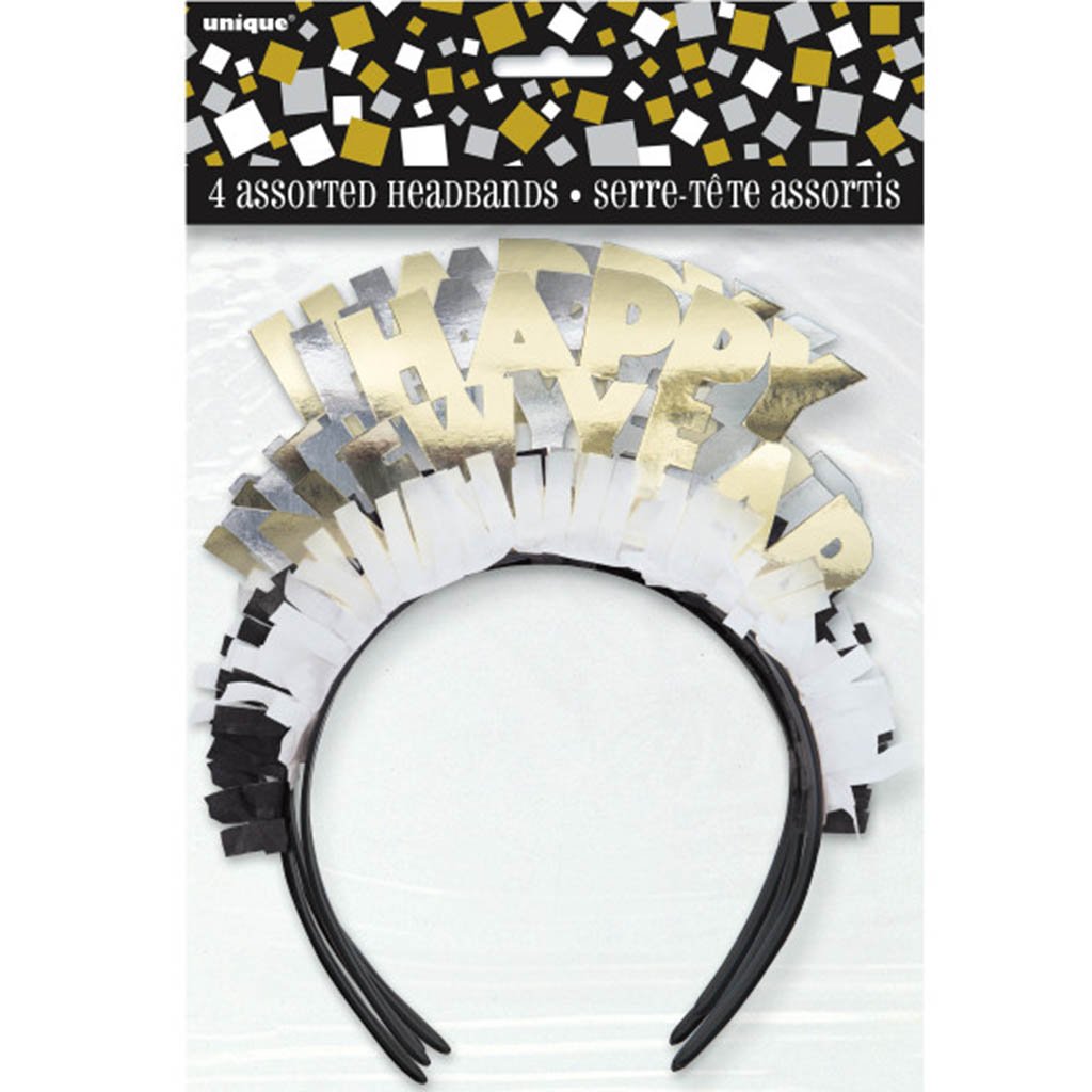 Gold &amp; Silver Happy New Year Headbands 4ct Assorted