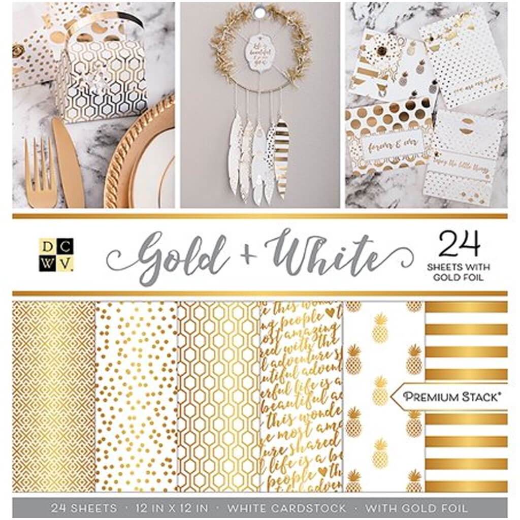 Gold &amp; White Premium Printed Cardstock Stack - 12x12 Sheets, Holographic Foil Double Sided for Scrapbooking