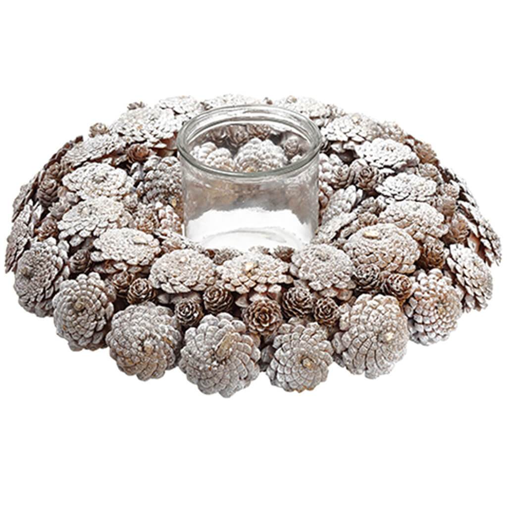 Glittered Pine Cone Candleholder with Glass 4.75in X 4.75in