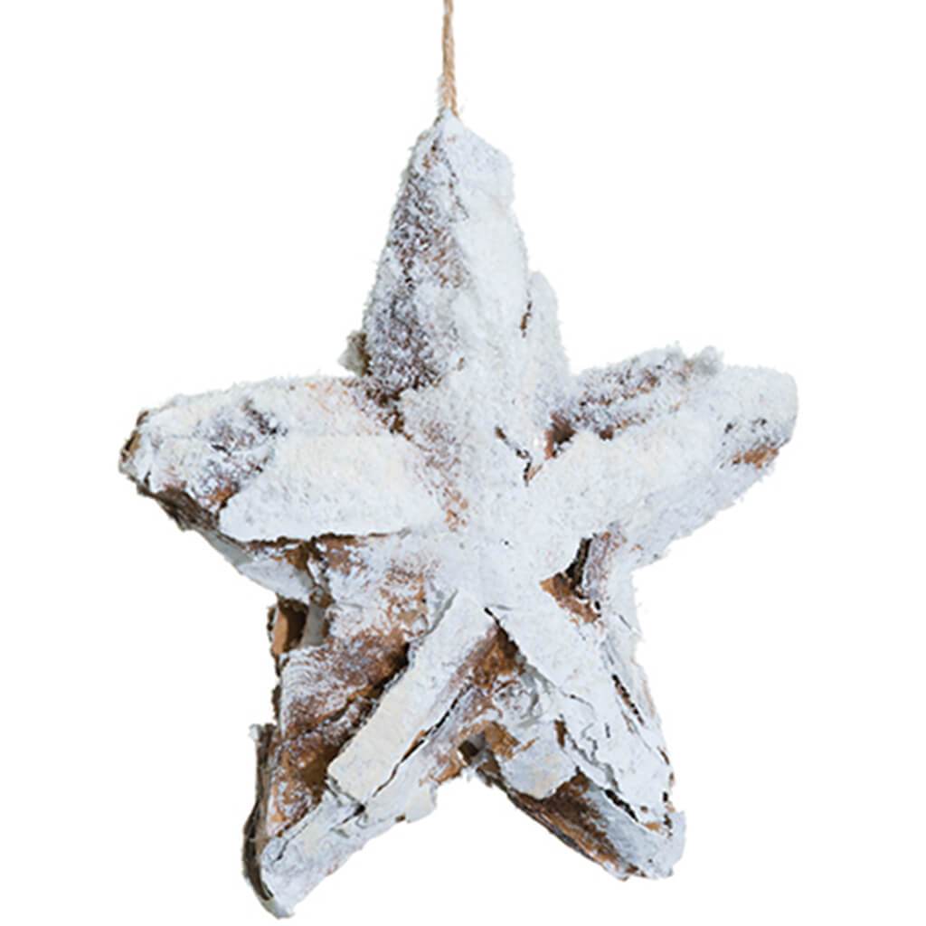 Snowed Faux Bark Star Ornament Brown Snow 9in