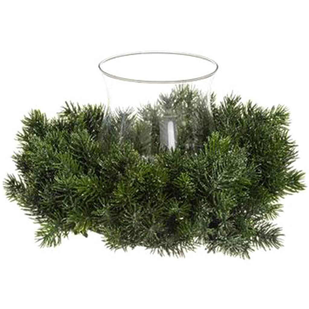 Glittered Pine Centerpiece with Glass Hurricane 6in X 16in