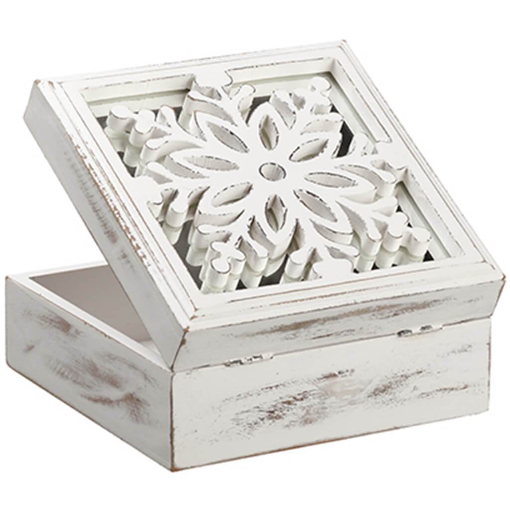 Snowflake Wood Box Antique White 3.75in X 8.75in X 8.75in