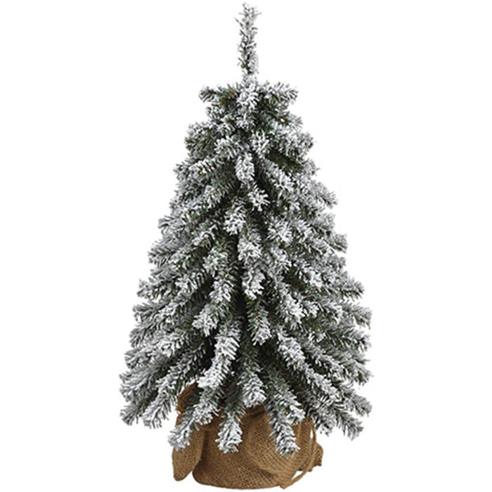 Snowed Mini Pine Tree x161 on Wood Stand in Burlap Snow 18in