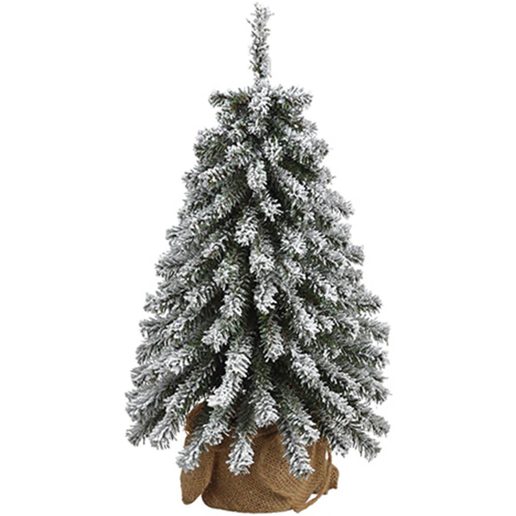 Snowed Mini Pine Tree x161 on Wood Stand in Burlap Snow 18in