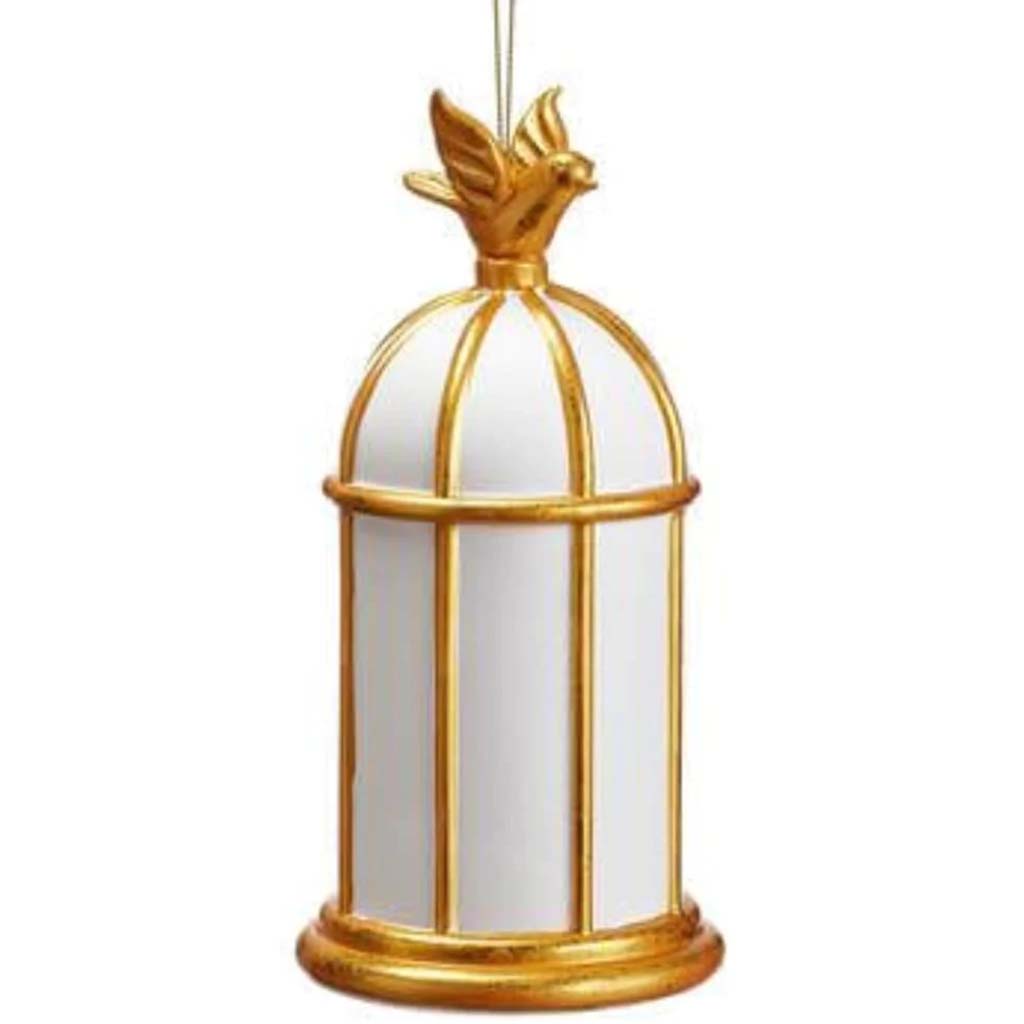 Glass Birdcage Ornament With Bird White Gold 8in