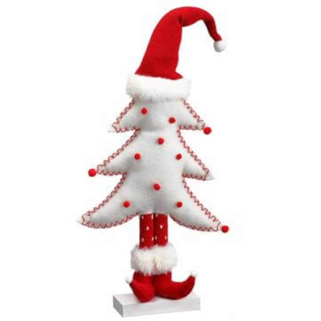 Pompon Christmas Tree White Red 13in