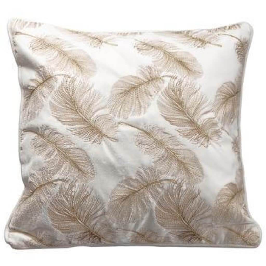 Embroidery Feather Pillow Gold White 18in x 18in