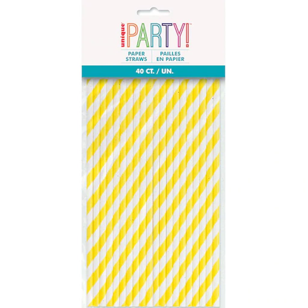 Neon Yellow Stripe Paper Straw 40ct