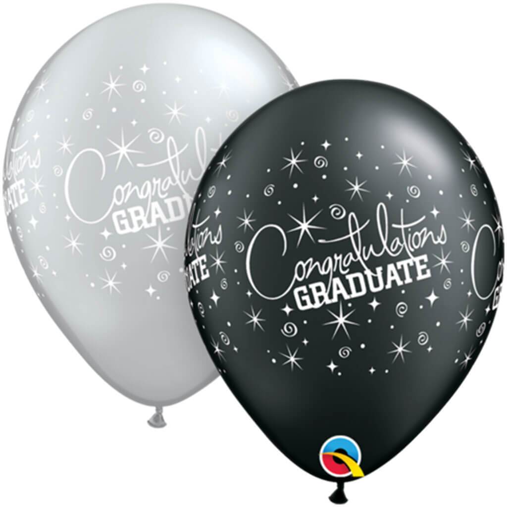 Congrats Grad Silver Black Latex Balloon, 11in