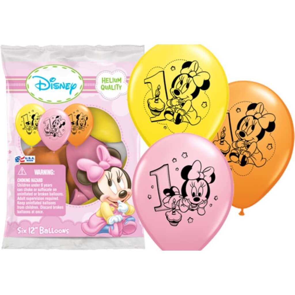 Minnie Mouse 1st Birthday Latex Balloons 12in, 6ct