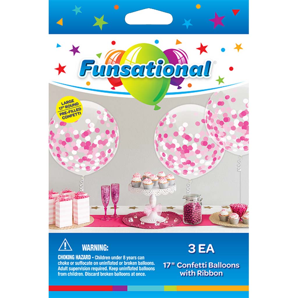 Confetti Balloon Multi Confetti With Ribbon Pink 3ct, 17in