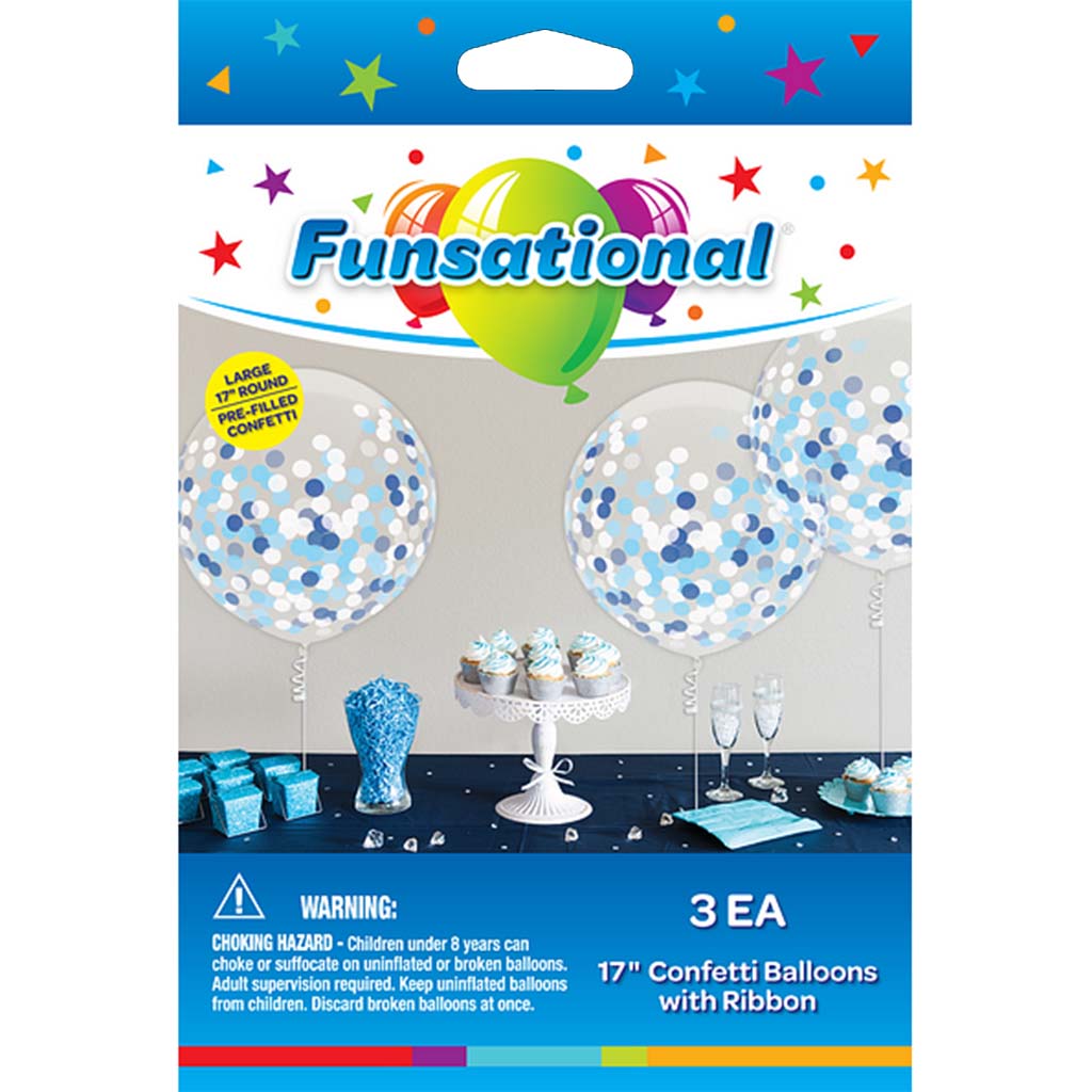 Confetti Balloon Multi Confetti With Ribbon Blue 3ct, 17in