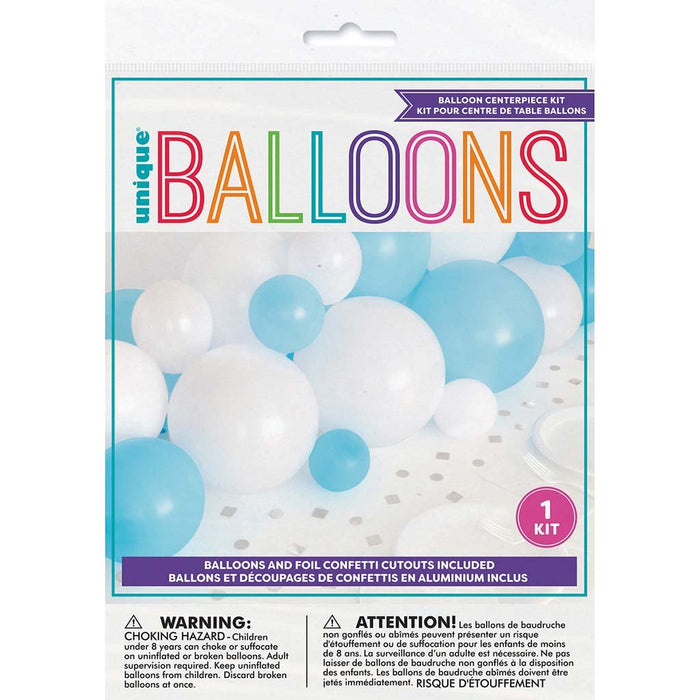 Blue & White Balloon Garland Table Runner With Silver Confetti
