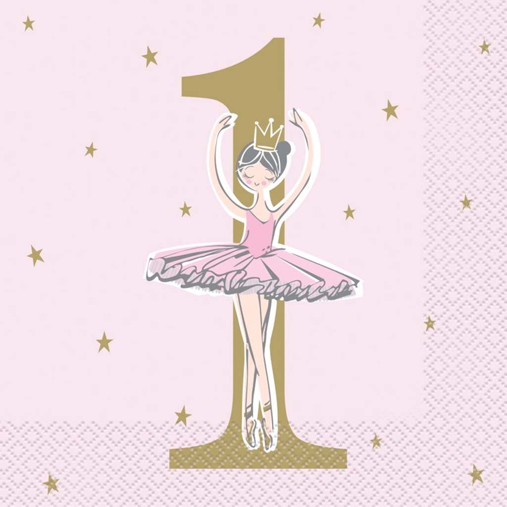 Ballerina Pink &amp; Gold 1st Bday Lunch Napkins, 16ct