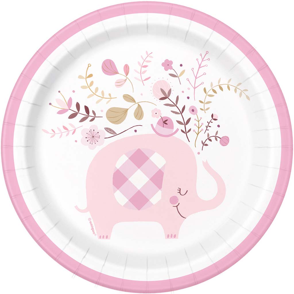 Pink Floral Elephant Dessert Plates 7in, 8ct